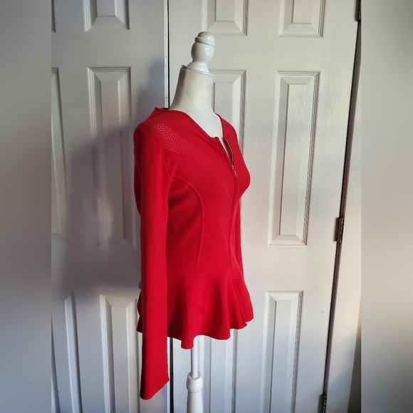 Escada Double Gold Zip Front Peplum Perforated Bodice Chevron Knit Sweater - Picture 3 of 15